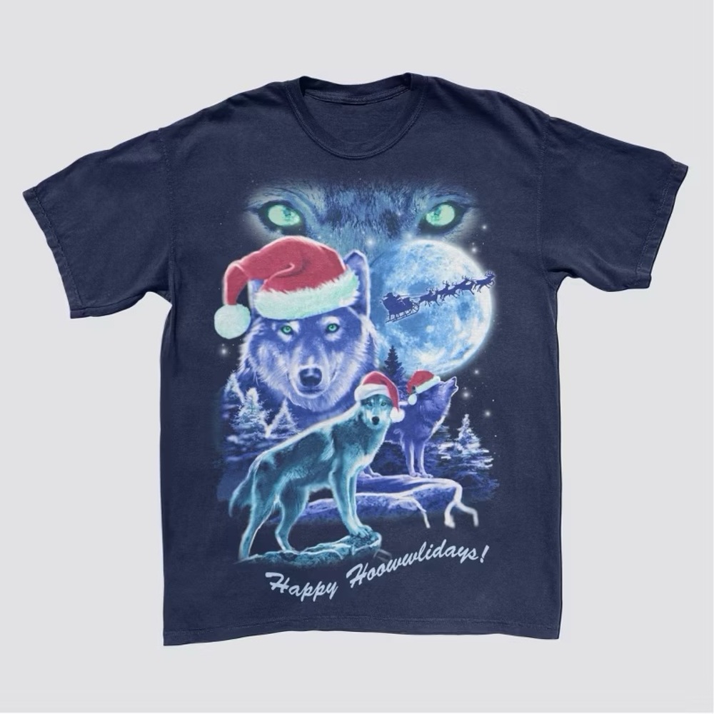 Men's Wolf Santa Hat Short Sleeve Crewneck T-Shirt - Navy Blue nwt
